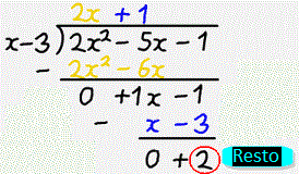 división larga 2x^/2-5x-1 / x-3 = 2x+1 R 2