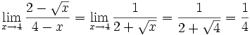 límite cuando x tiende a 4 de (2-sqrt(x))/(4-x) = límite cuando x tiende a 4 de 1/(2+sqrt(x)) = 1/4