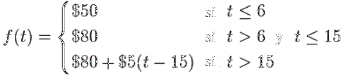 función por partes: f(t)=50 si t<=6, 80 si t>6 y t<=15, 80 + 5(t-15) si t>15