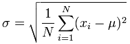 raíz cuadrada de [(1 / N) veces Sigma i = 1 a N de (xi - mu) ^ 2]