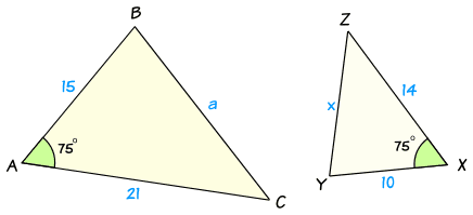 los triángulos similares tienen un ángulo de 75 pero lados (15,21, a) y (10,14, x)