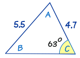 triángulo 63 grados, 4.7, 5.5